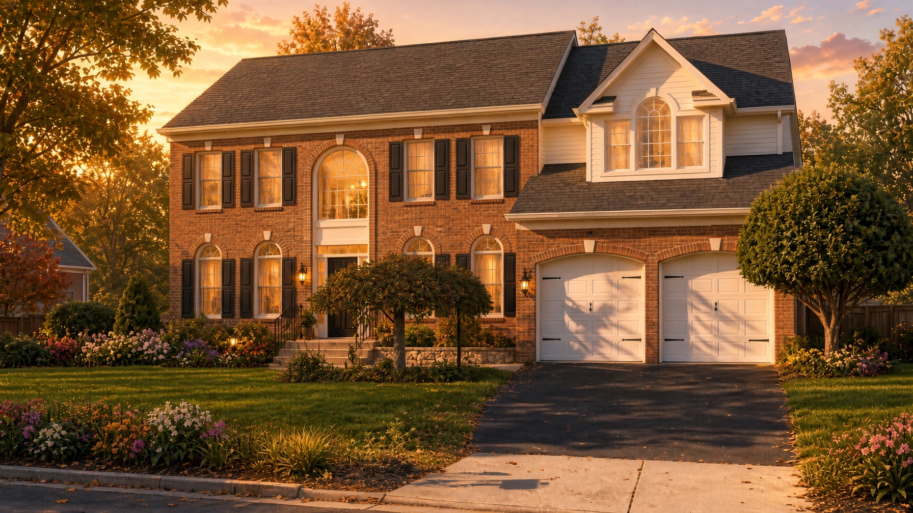 A two-story brick family home at sunset.